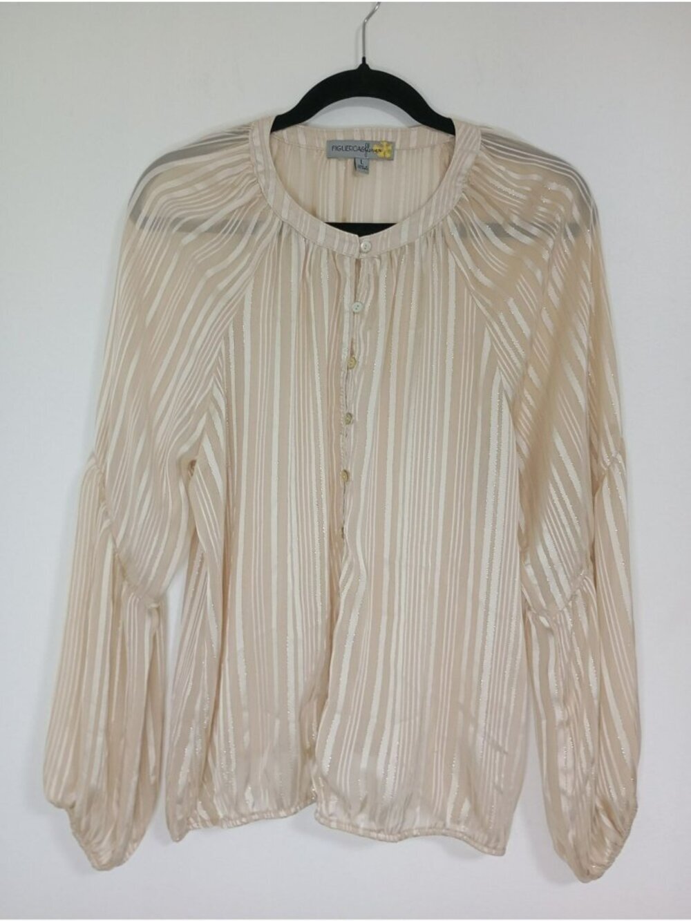 Figueroa & Flower Beige Sheer Striped Long Sleeve Blouse Size L